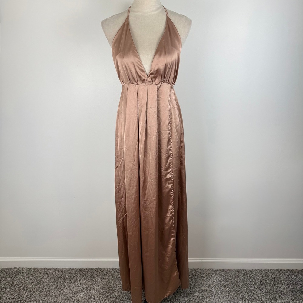 Morning Mist Bronze Satin Halter Maxi Dress Deep V-Neck Open Back Side Slit Sz 8